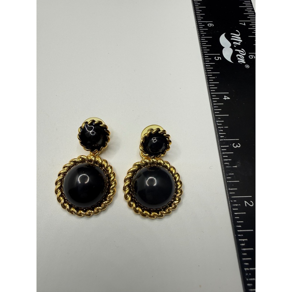 Vintage Gold Tone Black Cabochon Rope Border Drop Statement Earrings Post Back